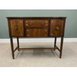 GEORGIAN MAHOGANY BOW FRONTED SIDEBOARD, the shaped top having oval inlay panel of a lidded urn with