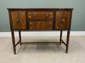 GEORGIAN MAHOGANY BOW FRONTED SIDEBOARD, the shaped top having oval inlay panel of a lidded urn with