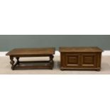 TWO ANTIQUE STYLE OAK FURNITURE ITEMS comprising a 4cms thick top coffee table on substantial reeded