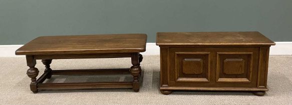 TWO ANTIQUE STYLE OAK FURNITURE ITEMS comprising a 4cms thick top coffee table on substantial reeded