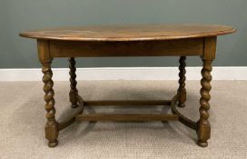 VINTAGE OAK OVAL TOP DINING TABLE on barley twist supports, with bowed end double cross stretcher,