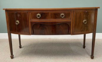 GEORGIAN-STYLE BOW FRONT MAHOGANY SIDEBOARD WITH BOXWOOD STRING INLAY, having two opening central