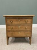 SMALL PITCH PINE CHEST OF THREE LONG DRAWERS, with brass knobs and side carry handles on side
