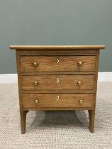 SMALL PITCH PINE CHEST OF THREE LONG DRAWERS, with brass knobs and side carry handles on side