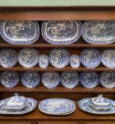 BLUE & WHITE WILLOW PATTERN DRESSER SET, 22 PIECES, to include 5 x large meat platters, 2 x smaller,