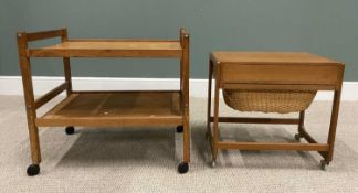 MID CENTURY TEAK NEEDLEWORK TROLLEY & CONTENTS AND TWO-TIER TEAK SIMILAR ERA TEA TROLLEY, 52cms H,