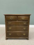 REPRODUCTION OAK CHEST OF TWO SHORT OVER THREE LONG DRAWERS, having fancy brass back plates and swan