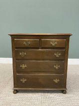 REPRODUCTION OAK CHEST OF TWO SHORT OVER THREE LONG DRAWERS, having fancy brass back plates and swan