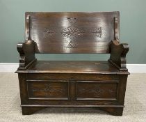 VINTAGE OAK MONKS BENCH with carved detail to the top and the lower panels, scroll effect arms and