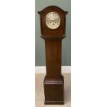 VINTAGE MAHOGANY CHIME STRIKE GRANDMOTHER CLOCK, the silvered dial set with Arabic numerals before a