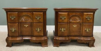 PAIR OF REPRODUCTION CHERRYWOOD TWO-DRAWER BEDSIDE CHESTS, inverted fronts with carved fan detail,