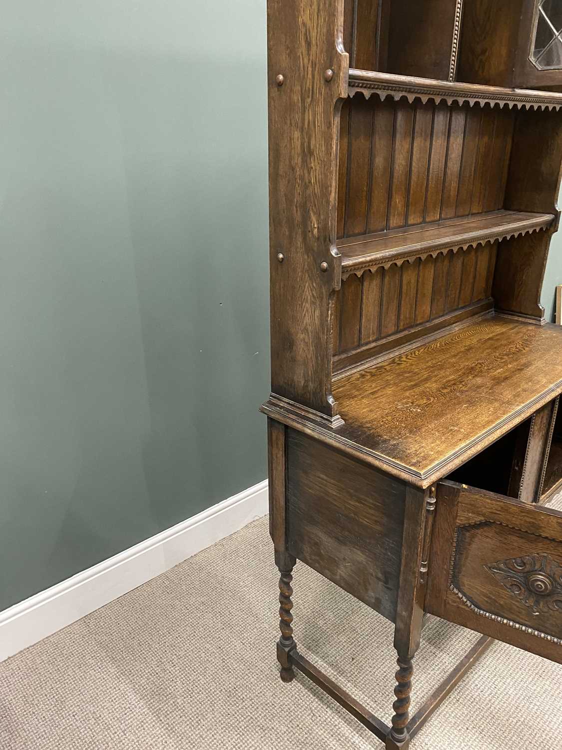 VINTAGE OAK JACOBEAN-STYLE DRESSER with upper central leaded glazed door to the shaped sided rack, - Image 3 of 4