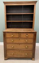 ANTIQUE OAK BOOKCASE TOP CHEST having two short over three long drawers, cockbeaded edges and