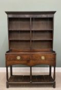 COMPACT GEORGE IV OAK POT BOARD DRESSER, having a wide boarded three-shelf rack with central upright