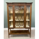 GOOD INLAID & CROSSBANDED MAHOGANY CHINA DISPLAY CABINET CIRCA 1900, the shaped stepped cornice over