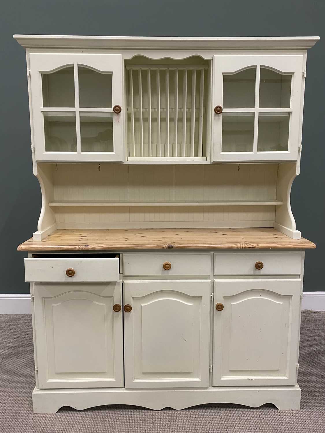 REPRODUCTION PINE PAINTED KITCHEN DRESSER, having glazed twin upper cupboards flanking a central