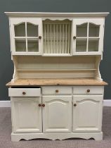 REPRODUCTION PINE PAINTED KITCHEN DRESSER, having glazed twin upper cupboards flanking a central