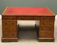 VICTORIAN MAHOGANY PARTNER'S DESK with gilt tooled red leather skiver inset to the top, on twin full