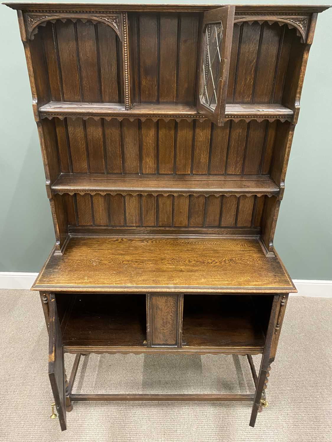 VINTAGE OAK JACOBEAN-STYLE DRESSER with upper central leaded glazed door to the shaped sided rack, - Image 2 of 4