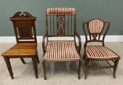 THREE VICTORIAN & LATER MAHOGANY CHAIRS comprising scrolled armchair with string inlay and