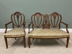 VICTORIAN MAHOGANY TWO-SEATER SALON COUCH & MATCHING ARMCHAIR, having triple hoop carved and fan