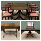 REGENCY MAHOGANY TWIN PEDESTAL DINING TABLE & SIX (5+1) DINING CHAIRS, the crossbanded top having an
