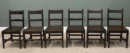 SET OF SIX NEAR MATCHING STAINED OAK FARMHOUSE CHAIRS (3+3) all have twin semi-curved back rails and