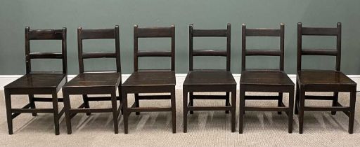 SET OF SIX NEAR MATCHING STAINED OAK FARMHOUSE CHAIRS (3+3) all have twin semi-curved back rails and