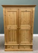 REPRODUCTION PINE WARDROBE with two upper doors and interior hanging space above twin lower