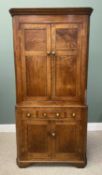 GOOD ANTIQUE OAK TWO-PIECE FLOOR STANDING CORNER CUPBOARD, having a moulded cornice over twin two-