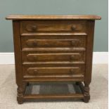 NEAT REPRODUCTION OAK CHEST OF FOUR DRAWERS with turned wooden knobs, on turned and block supports