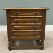 NEAT REPRODUCTION OAK CHEST OF FOUR DRAWERS with turned wooden knobs, on turned and block supports