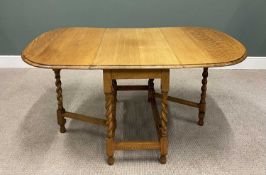 VINTAGE LIGHT OAK GATELEG DINING TABLE WITH TWIN DROP FLAPS, on barley twist supports, 73cms H,