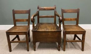 ANTIQUE OAK COMMODE & PAIR OF FARMHOUSE CHAIRS, the commode with curved back rails and curled