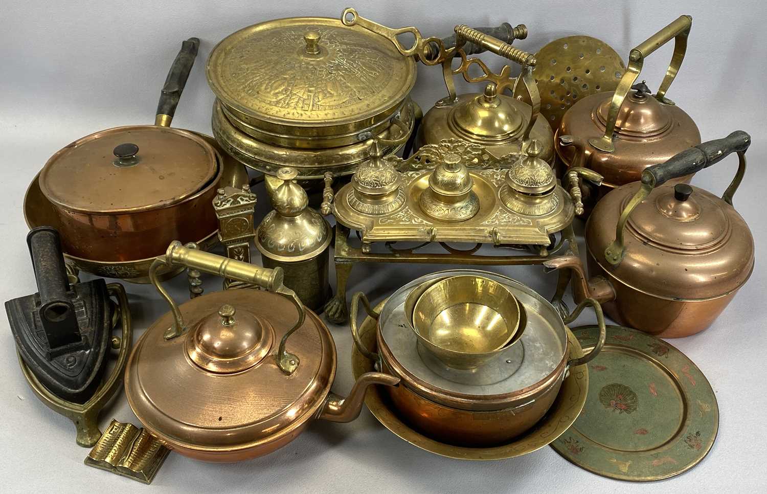 VINTAGE & LATER COPPER AND BRASSWARE, to include a Persian-style cooking pan on stand with burner,