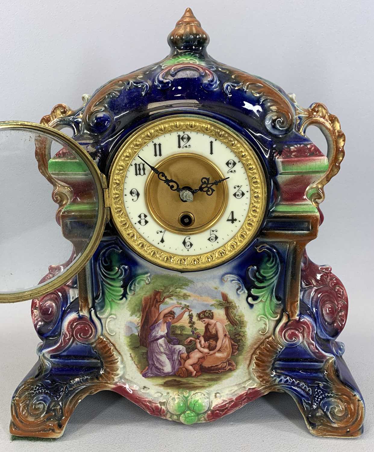 SPELTER CASED MANTEL CLOCK, cream enamel dial painted with flowers and with black Arabic numerals, - Image 2 of 8