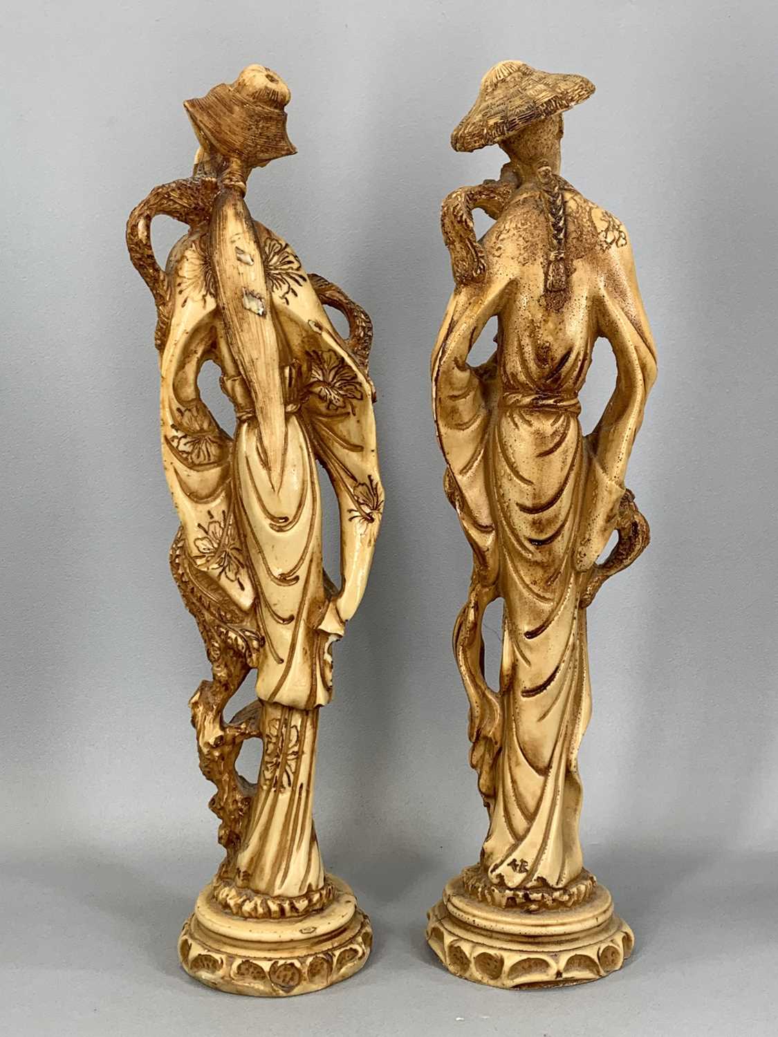 FOUR COMPOSITE ORIENTAL FIGURES, 47cms H the tallest, and various Russian lacquered drinking vessels - Image 3 of 6