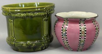 VICTORIAN GREEN GLAZED MAIOLICA JARDINIERE, moulded with pillars and acanthus leaf design, moulded