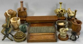 VICTORIAN CHEMIST ANTIQUES including brass and mahogany pill-maker, set of 6 Avery graduated brass