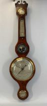 19TH CENTURY MAHOGANY BANJO BAROMETER, silvered dial with humidity gauge thermometer, mirror and