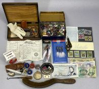 GOOD MIXED QUANTITY OF BRITISH MOTORCYCLE BADGES, BRITISH BANK NOTES, INLAID CRIBBAGE BOX & OTHER