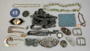 VICTORIAN & LATER JEWELLERY, ART DECO BELT BUCKLES, SHOE BUCKLES & DIAMANTE BEADWORK ETC, to include