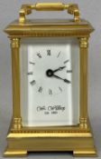 WILLIAM WIDDOP MODERN BRASS CASED CARRIAGE CLOCK WITH KEY, the white dial set with Roman numerals in