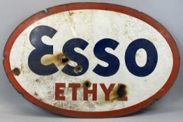 VINTAGE OVAL DOUBLE-SIDED ENAMEL ADVERTISING SIGN FOR ESSO ETHYL, red border, blue centre ground,