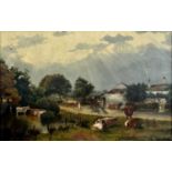 19TH CENTURY BRITISH SCHOOL oil on canvas - country small holding with figures, horse and