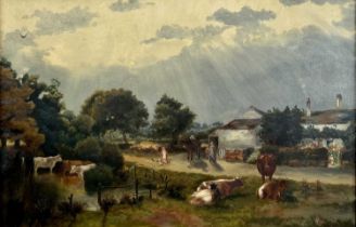 19TH CENTURY BRITISH SCHOOL oil on canvas - country small holding with figures, horse and