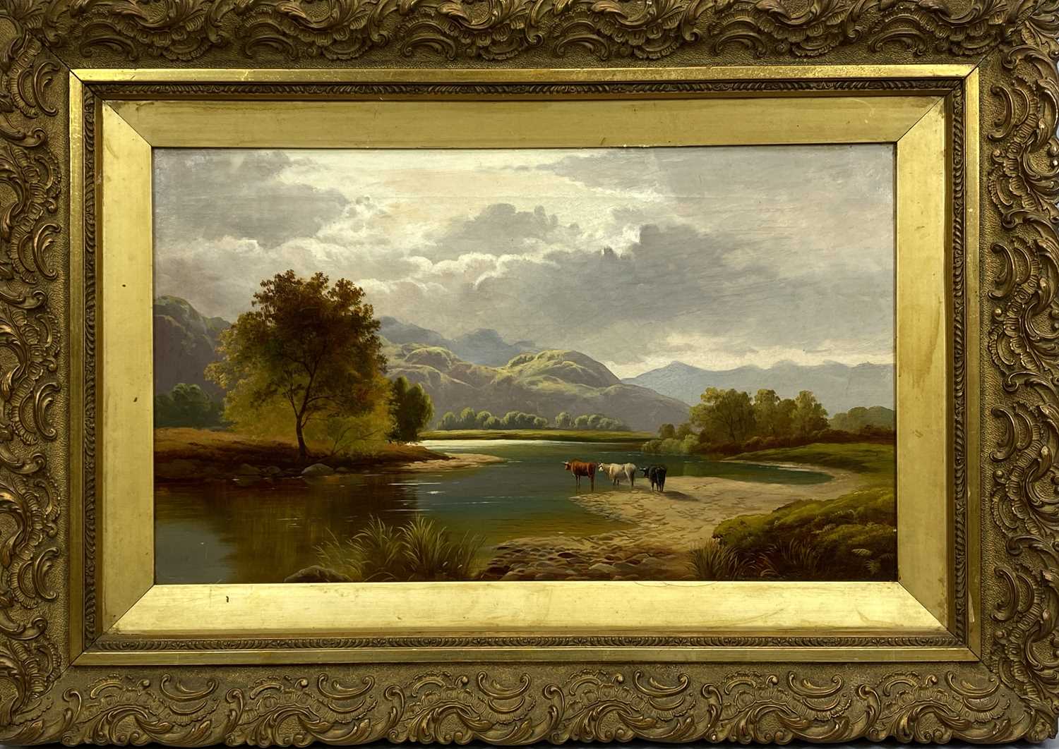 MANNER OF SIDNEY RICHARD PERCY 19th Century oil on canvas - cattle watering by lake shore, 29 x - Image 2 of 2