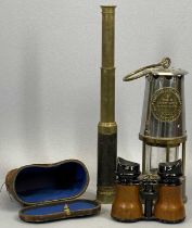 ECCLES TYPE 6 MINERS LAMP, vintage two-draw pocket telescope and a cased pair of French racing