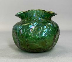 LOETZ TYPE GREEN IRRIDESCENT GLASS VASE with pinched rim and scaly detail, 8.5cms H Provenance: