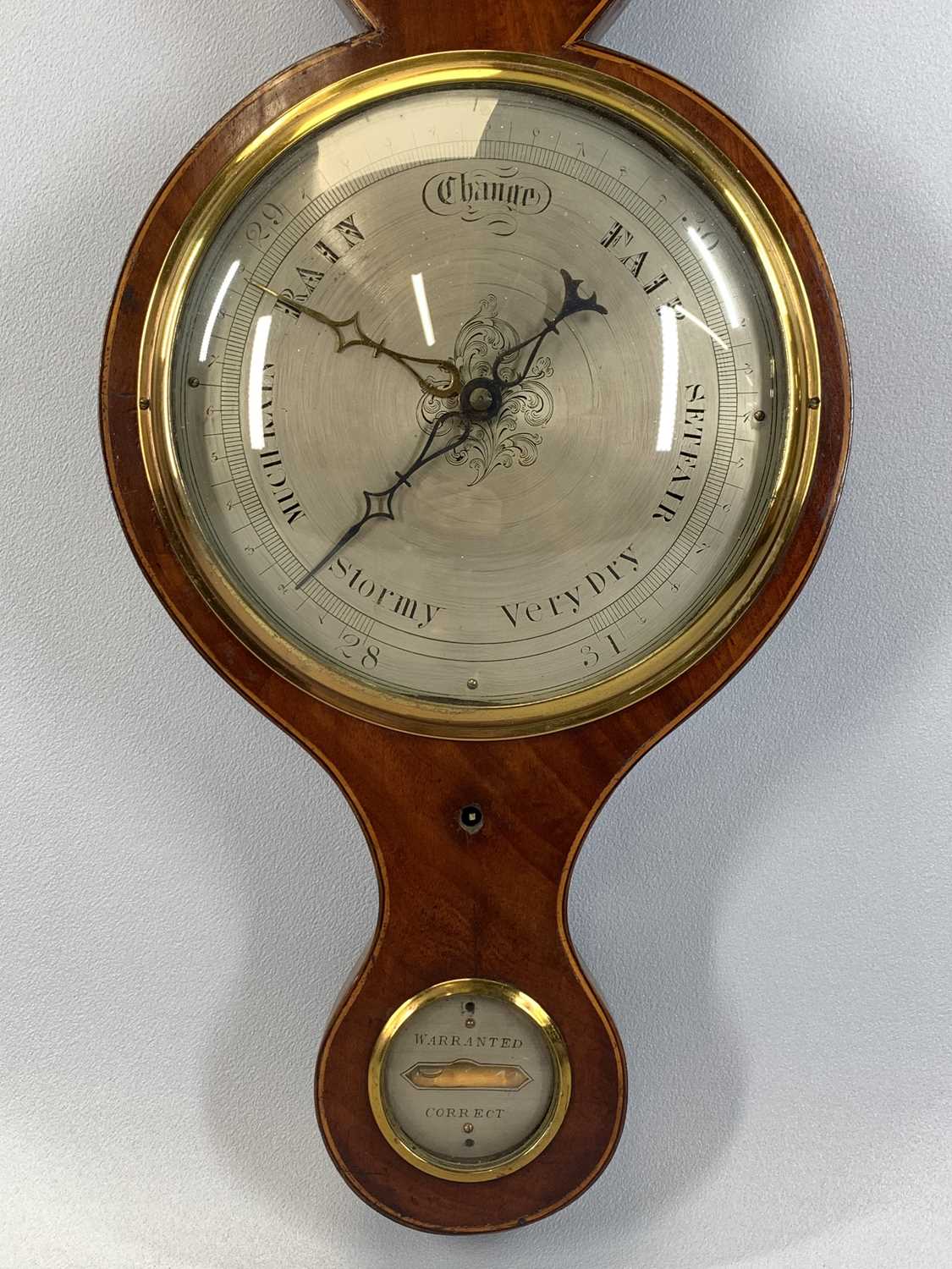 19TH CENTURY MAHOGANY BANJO BAROMETER, silvered dial with humidity gauge thermometer, mirror and - Image 3 of 4